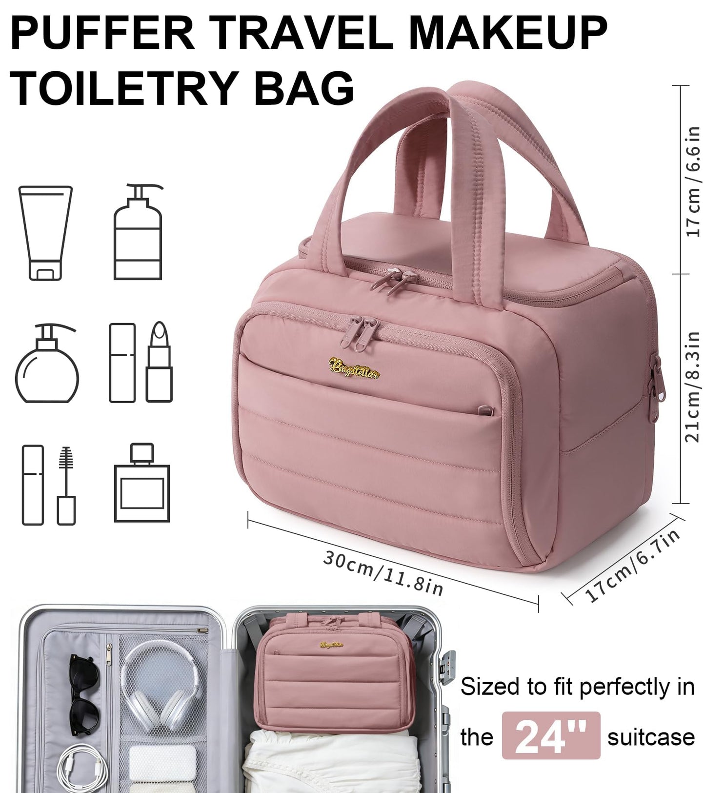 Bagstellar Travel Toiletry Bag for Women, Lightweight Large Quilted Puffy Makeup Bag Wide-open Make up Organizer Cloud Cosmetic Bag w/Handle for Traveling, Toiletries Essentials Accessories Dark Pink