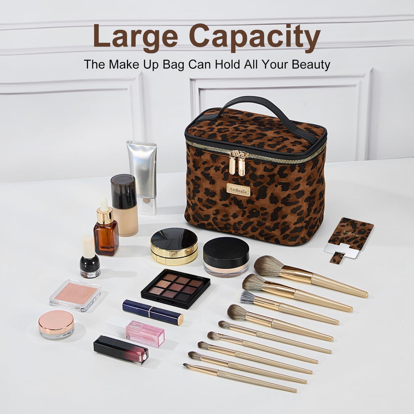 AmBealla Large Makeup Travel Bag Cosmetic Bags with Makeup Mirror and Brush Holder,Makeup Organizer Leopard Print for Women,Portable Toiletry Bag for Fashion Girls