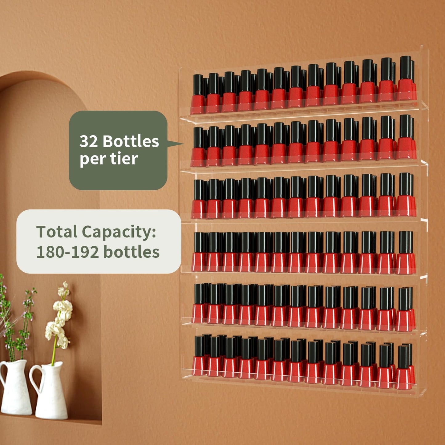 Nalwort Acrylic Nail Polish Rack 6 Tier, Clear Nail Polish Display Racks Wall Mount, Hold Up to 180 Bottles, Nail Polish Storage Organizer with 50PCS Nail Swatch Sticks