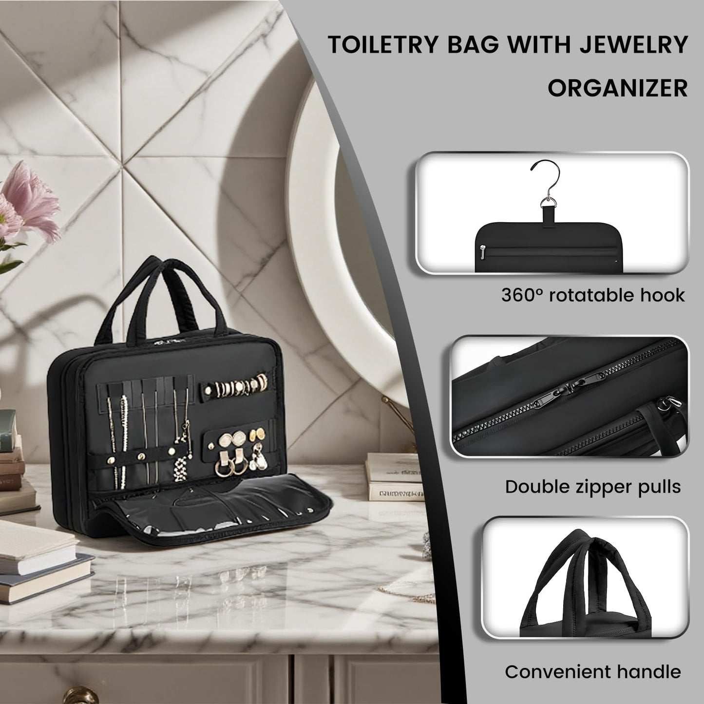 Inmorven Travel Toiletry Bag with Jewelry Organizer, Cosmetic Case, Bathroom Travel Kit with Jewelry Storage