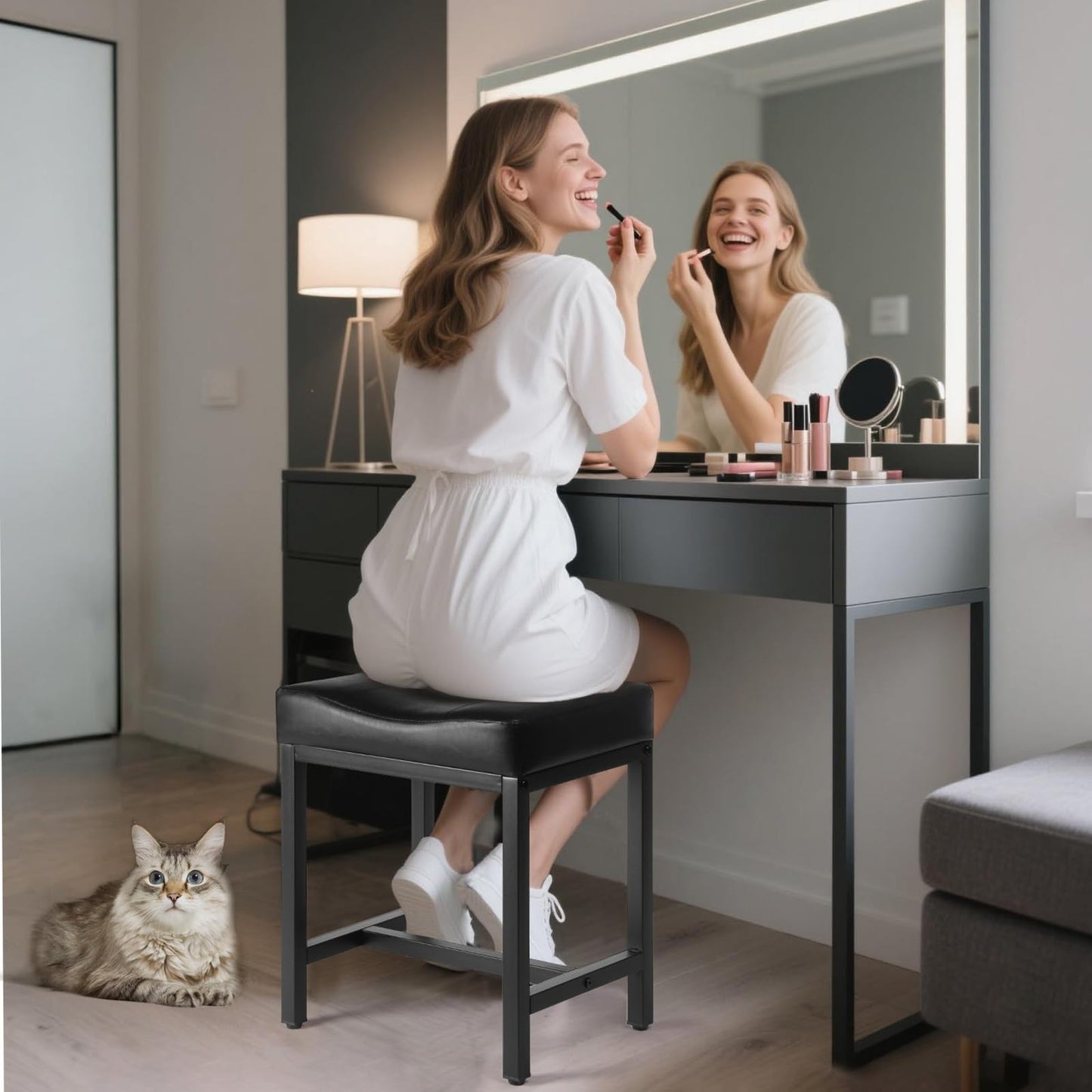 FLYZC Saddle Seat Vanity Stool, Makeup Stool Chair with Metal Leg, U-Shaped Faux Leather Ottoman Foot Rest, Small Square Chairs Under Desk for Vanity, Living Room, Bedroom, Modern Makeup Bench Black