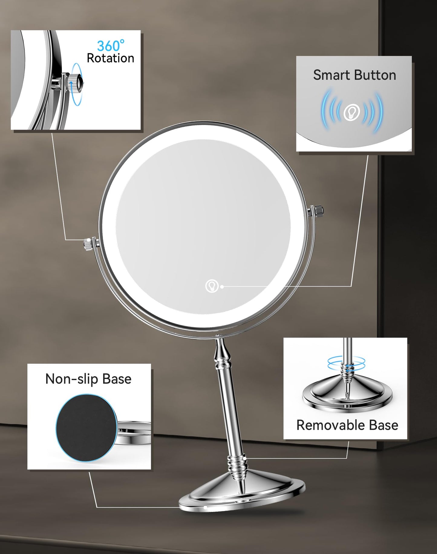 DOWRY 4000 mAh Rechargeable Lighted Makeup Mirror 20x Magnification Vanity Mirror Tabletop Two-Sided Swivel Gifts for Women Wife Mom Teengirls Mothers Day Chrome