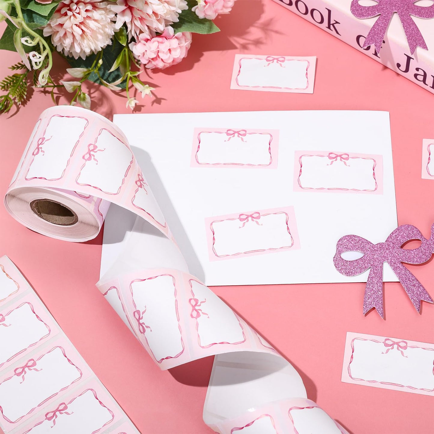 FYSUIMU Pink Bow Direct Thermal Labels 1.3 x 2.3 inch Bowknot Coquette Label Stickers Rectangle Self-Adhesive Printer Decals for Valentine's Day Wedding DIY Name Tag Custom Logo Candle Design, 500 Pcs