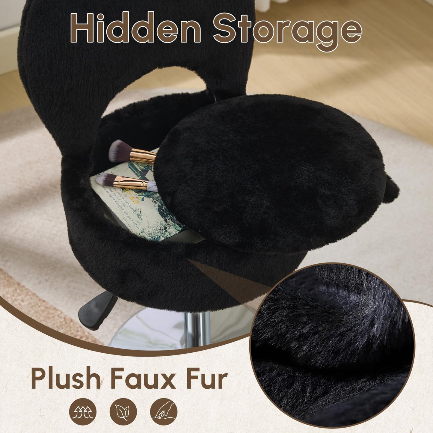 RUCUKEN Small Black Vanity Stool Chair with Storage Ottoman Adjustable Vanity Chair with Folding Back, Makeup Ottoman Stool for Vanity Chrome Finish