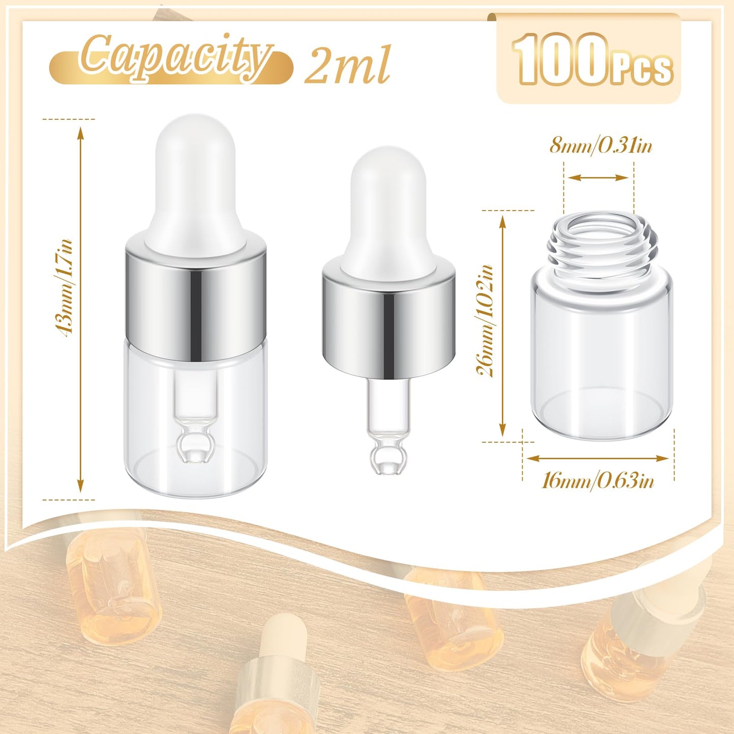 Didaey 100 Pcs 2 ml Mini Glass Oil Dropper Bottle Bulk, Clear Essential Small Empty Bottles Sample Containers Perfume Liquid Vials with Cap for Traveling (Classic Silver)