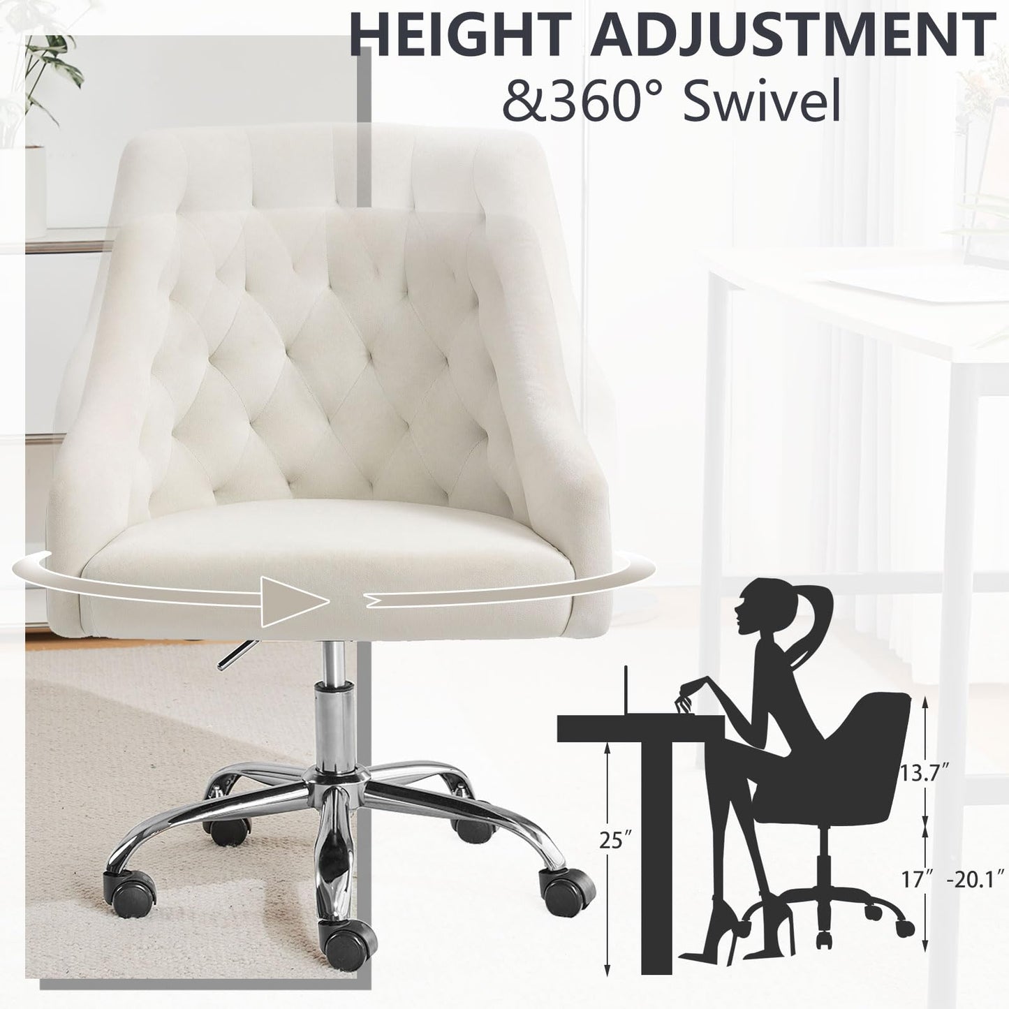 MOJAY Velvet Office Swivel Chair, Vanity Fabric Desk Pretty Fancy Gold Office Chairs for Girls, 360°Swivel Height Adjustable Reception Chair (White)