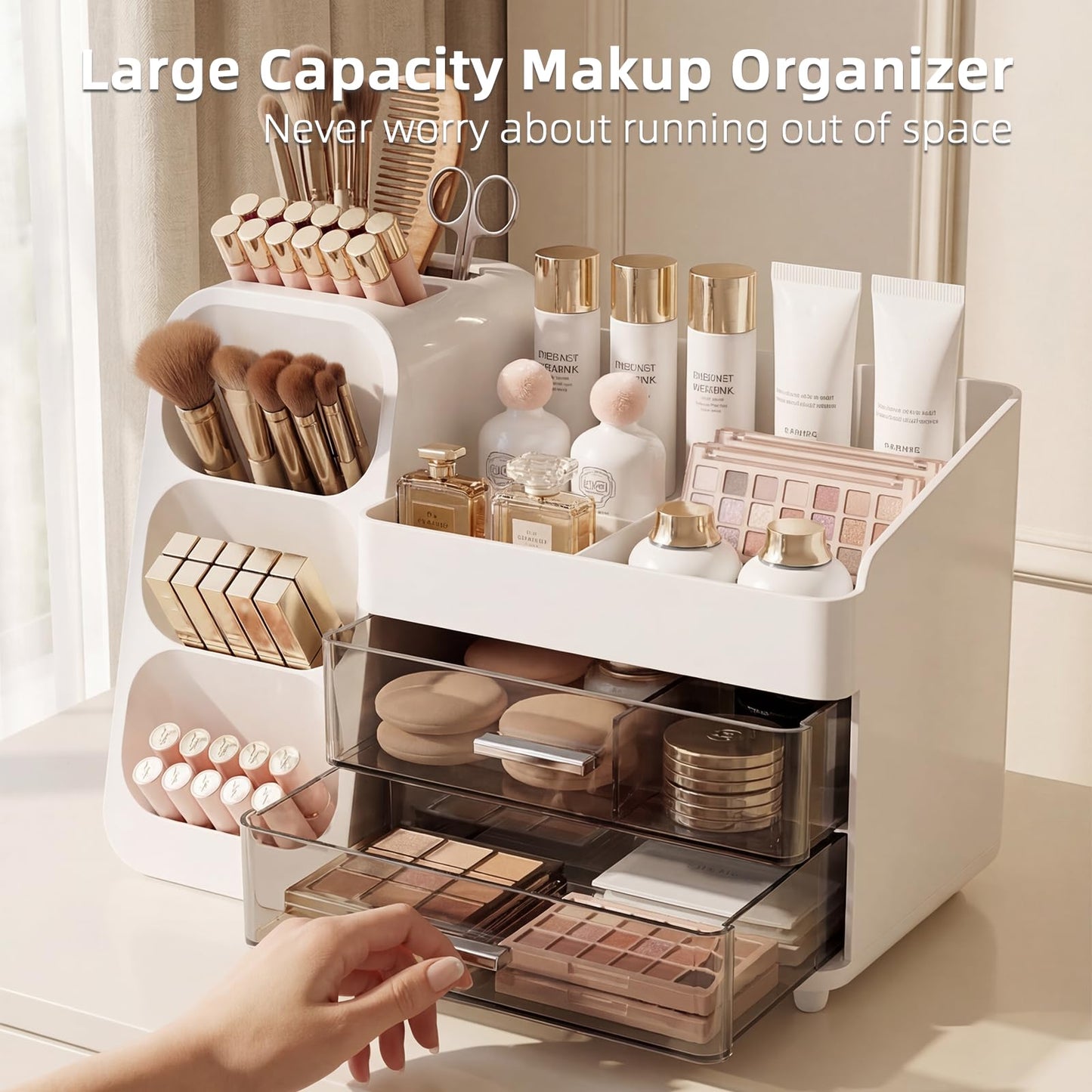 VegStow Makeup Organizer with Drawers & Brush Holder for Vanity - Organize Cosmetics Bathroom Countertop Storage Skin care Essentials Dresser, Bathroom, Office Countertop (White)