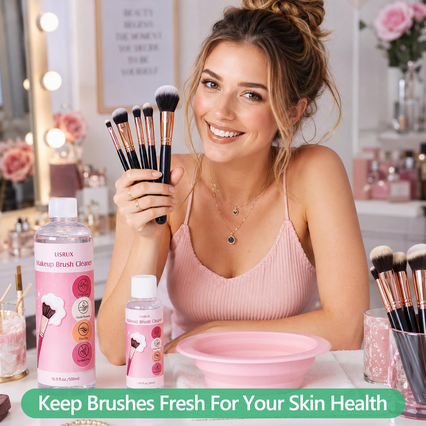 Makeup Brush Cleaner, Make Up Brush Cleaner Cleanser, 37.18 Fl Oz (4 Bottles) With Cleaning Bowl, Makeup Cleaner for Brushes, Sponges and Puffs, Gentle Deep Clean Brush Shampoo, Vegan & Cruelty-Free