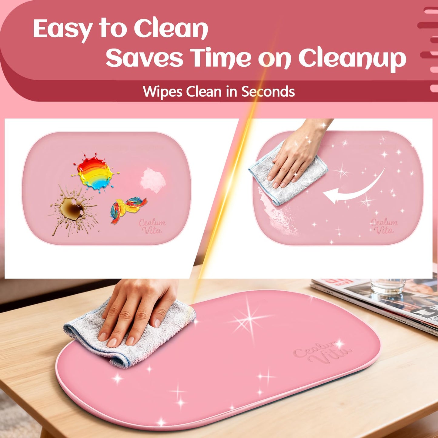 CealumVita 24"x16" Oval Silicone Mats for Crafts - Non-Slip Painting Mat with Raised Edges, Reusable Table Protector for Resin, Clay, Paint ，Playdough ，Jewelry-Making & Crafts Creation (Pink)