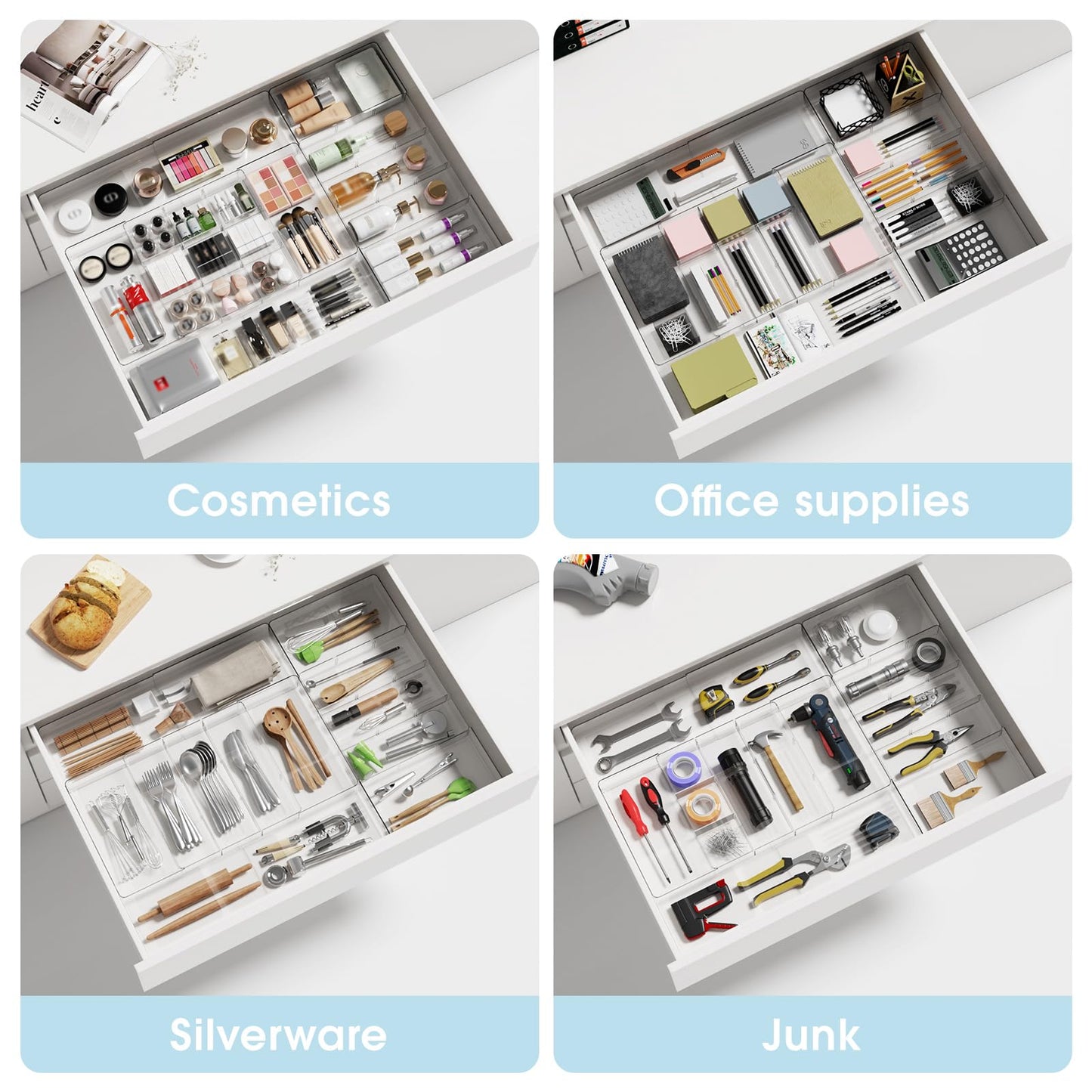 MIUOPUR Expandable Drawer Organizer, Width (10.6"-20.1") Depth (11"-20.1"), Clear Makeup Drawer Organizer with 6 Removable Dividers, Silverware Organizer, Great for kitchen and Bathroom Drawers