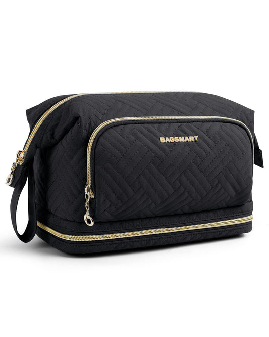 BAGSMART Travel Makeup Bag, Cosmetic Bag Make Up Organizer Case, Large Wide-open Pouch for Women Double Layers Purse for Toiletries Accessories Brushes Black