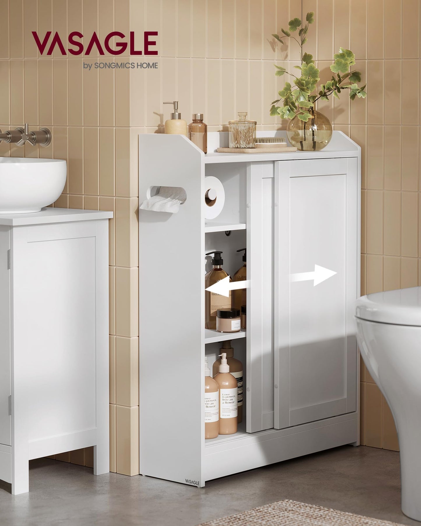 VASAGLE Narrow Storage Cabinet, Slim Floor Cabinet with Sliding Doors, Toilet Paper Holder and Brush Compartment, for Bathroom and Living Room, 7.9 x 23.6 x 31.5 Inches, Cloud White UBBC752W01