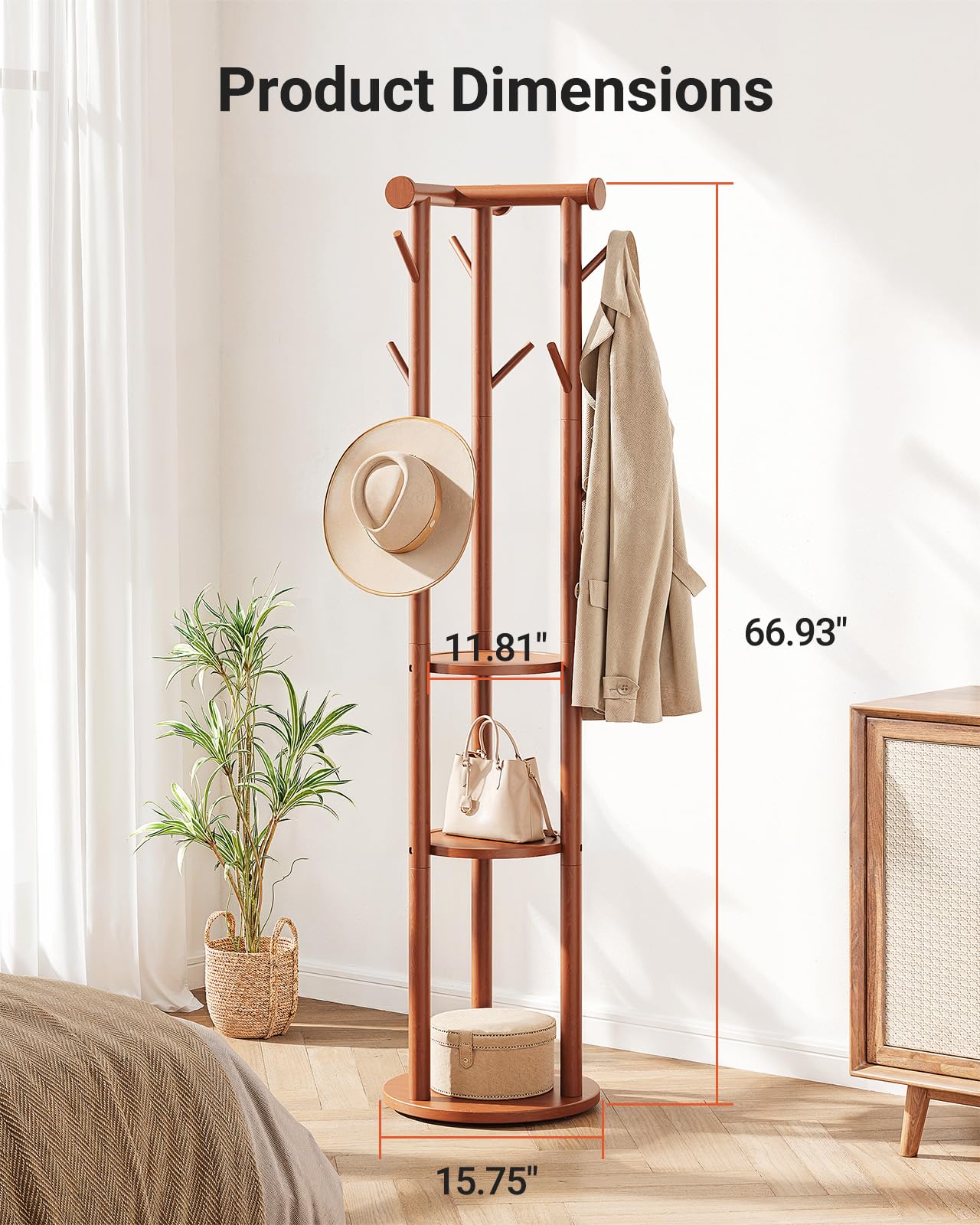 Pipishell Rotary Coat Rack, Solid Wood Coat Rack Freestanding with Wheels, 9 Hooks, T-Shaped Top & 3-Tier Shelves for Entryway, Hallway, Bedroom, Coat Tree for Coats, Bags, Hats & Scarves