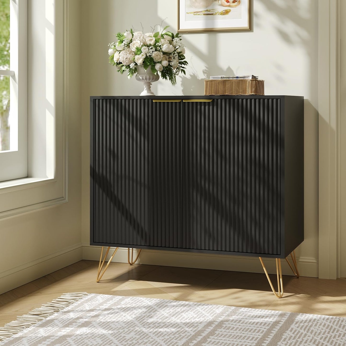 Sscaktu Fluted Storage Cabinet, 2 Doors Sideboard Buffet Cabinet, Modern Wood Accent Table with Adjustable Shelves, Console Table for Living Room, Hallway, Entryway, Black