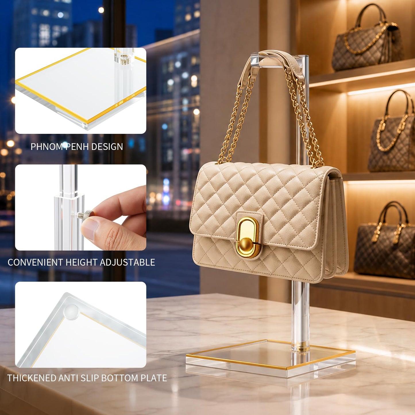 Perposnow Adjustable Purse Display Stands, 2Pcs 14"-24" Height Acrylic Handbag Holder, Durable Evening Bag Rack with Gold Trim Base, Clear Single Hook Purse Stand for Retail Boutique Vendor Closet