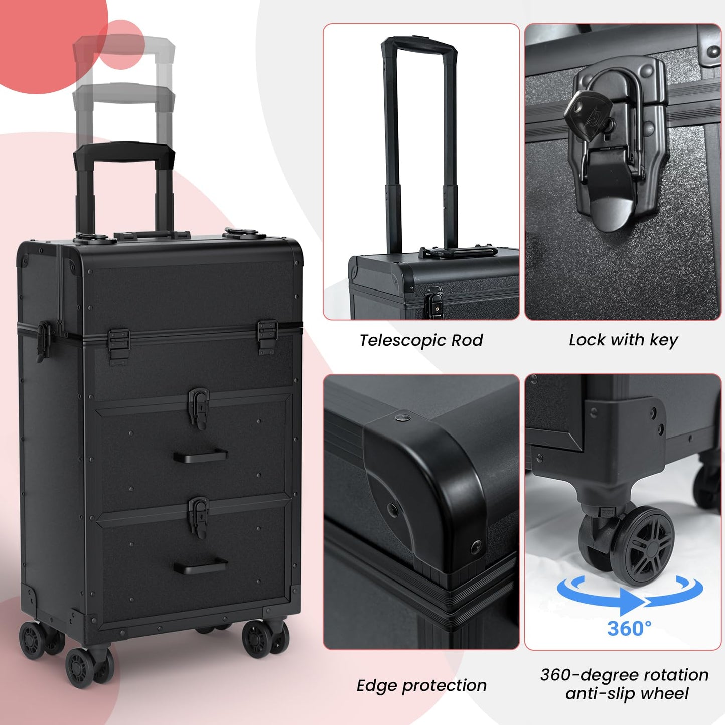 ALUROICE Large Rolling Makeup Train Case, Professional Travel Cosmetology Case on Wheels with Drawers, 3 Tiers Nail Organizers Storage Case for Nail Tech, Tattoo, Hairstylist, Makeup, Extra Large