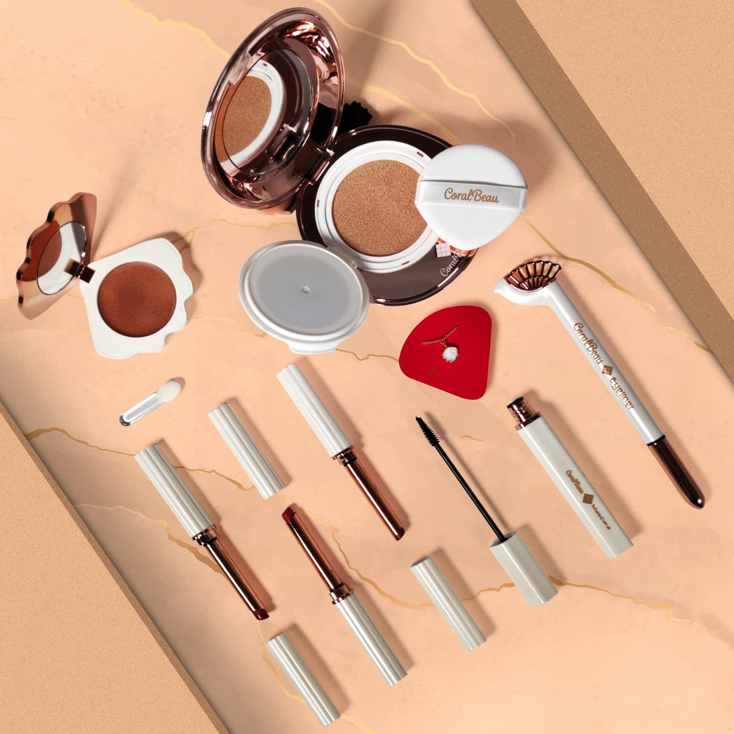 CoralBeau Makeup Kit for Teens - All in One Shell Makeup Kit with Compact BB Cream Powder, Eyeshadow Palette with Brown Shades, Eye Shadow Brush, Mascara, 3 Lipsticks, Necklace - Make Up Gift Set Box