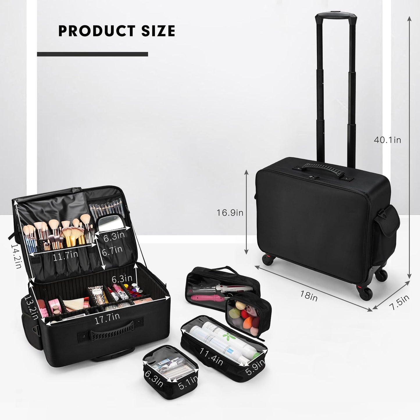 Rolling Makeup Case Cosmetology Case on Wheels Extra Large Cosmetic Artist Bag Portable TravelCase for Hairstylists Nail Tech Traveling Professional Make Up Train Suitcase Carts Trolley, Black