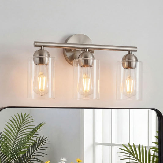 RUIGE Minimalist 3-Light Brushed Nickel Bathroom Vanity Light, Modern Silver Wall Sconce with Clear Glass Shades, Sleek Bathroom Lighting for Bedroom, Hallway YG3L-BN (Bulbs Not Included)