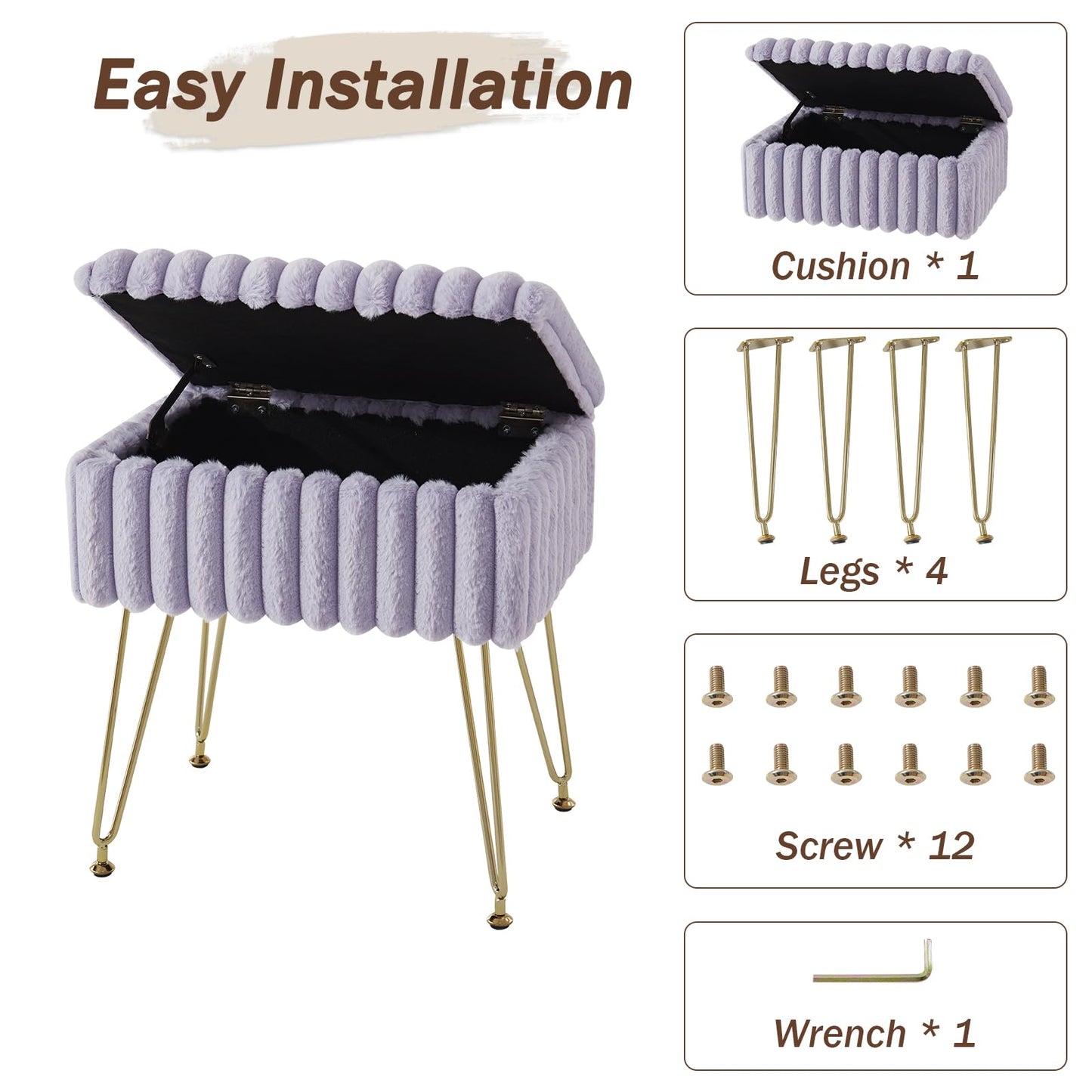 EBENCHICO Vanity Stool Chair with Storage, Faux Fur Stools for Vanity Makeup, Foot Stool Ottoman with 4 Metal Legs, Small Vanity Bench Seat Chairs for Living Room Bedroom