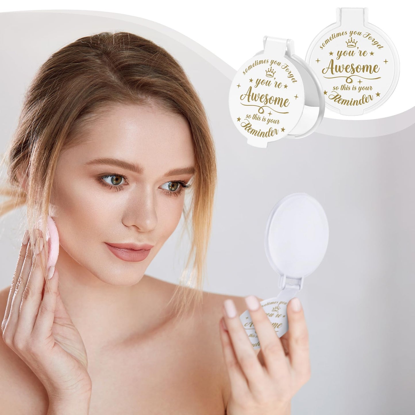 Gulfmew 18 Pcs 2.76 Inch Inspirational Compact Mirror Bulk Women Small Gifts Graduation Mothers Day Party Favors Purse Mirror Pocket Mini Items for Adult Coworker Cheerleader Swag Bag (White)