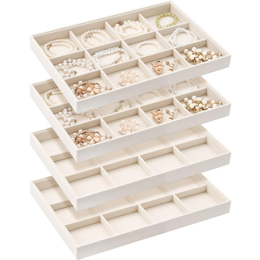 Cinnvoice 4 Pcs Stackable Jewelry Organizer Tray, 12 Grids Velvet Bracelet Ring Necklace Tray, Jewelry Organizer Trays for Drawer Display Selling Bangle Necklace Earring Showcase Storage(Beige)