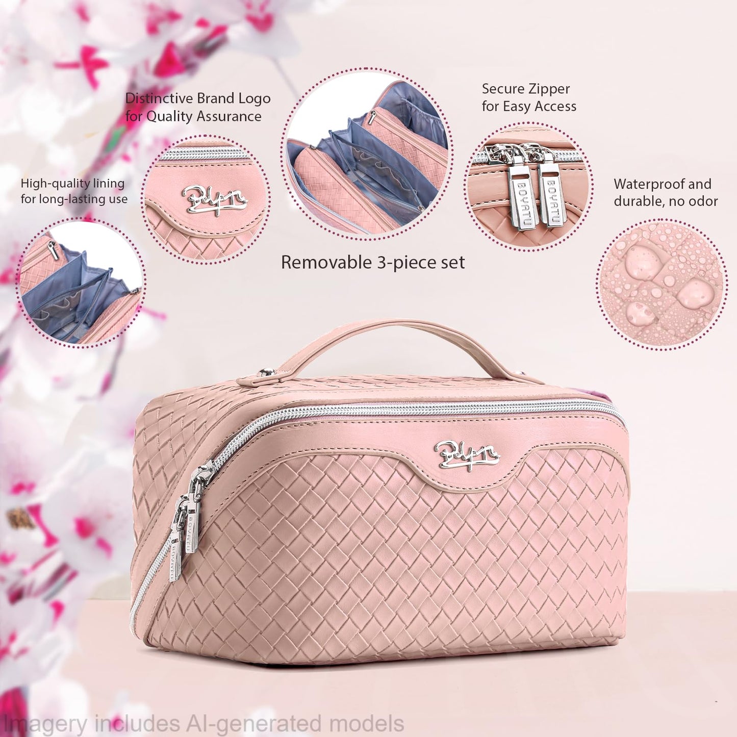 BOYATU Travel Makeup Bag Cosmetic Bags for Women: Large Capacity 3 Pcs Set Make up Bag with Compartments - Waterproof Vegan Leather Toiletry Organizer Bags with Handle (L04 Light Pink)