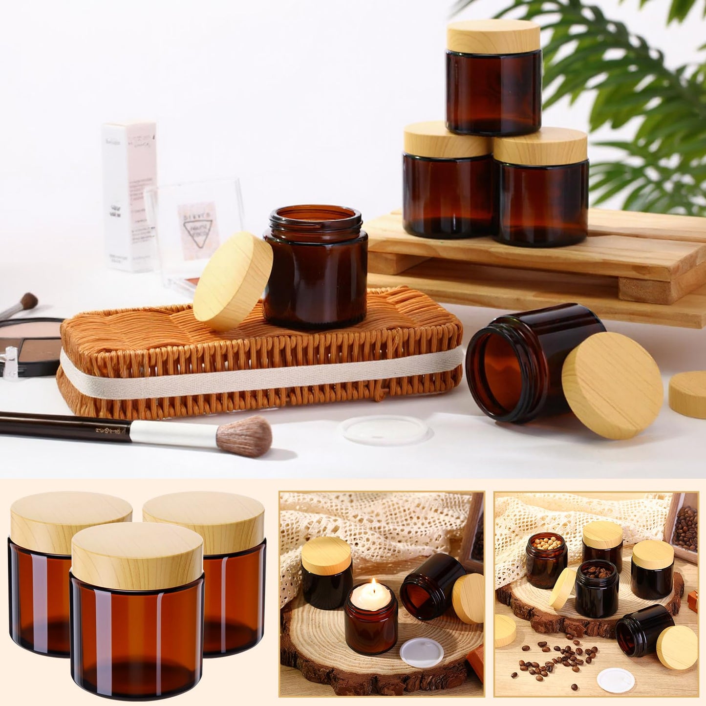 Geiserailie 30 Pcs 3.5oz Glass Jars with Plastic Wood Grain Lids Leakproof Airtight Empty Cosmetic Jars Sample Containers for Storing Lotions Powder Ointments Candle Making (Amber)