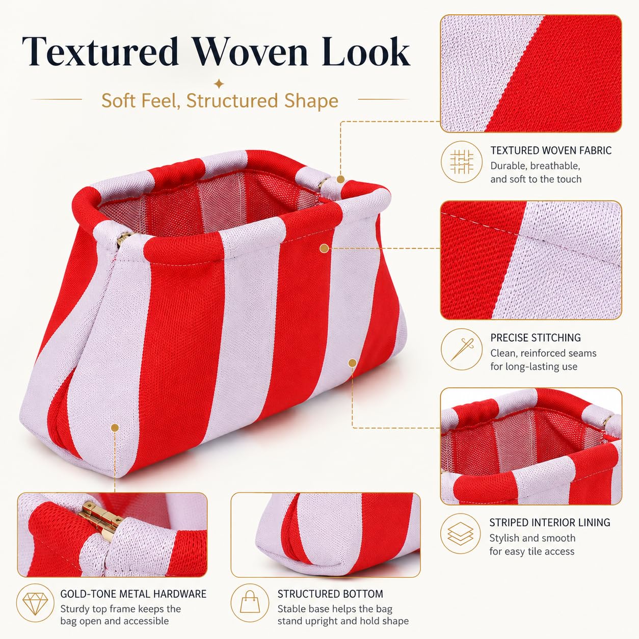 Woven Mahjong Tile Bag for American Mah Jongg, Striped Crochet Storage Clutch with Snap Closure, Portable Case for Tiles, Game Night Gift (Red Purple, Stripe)