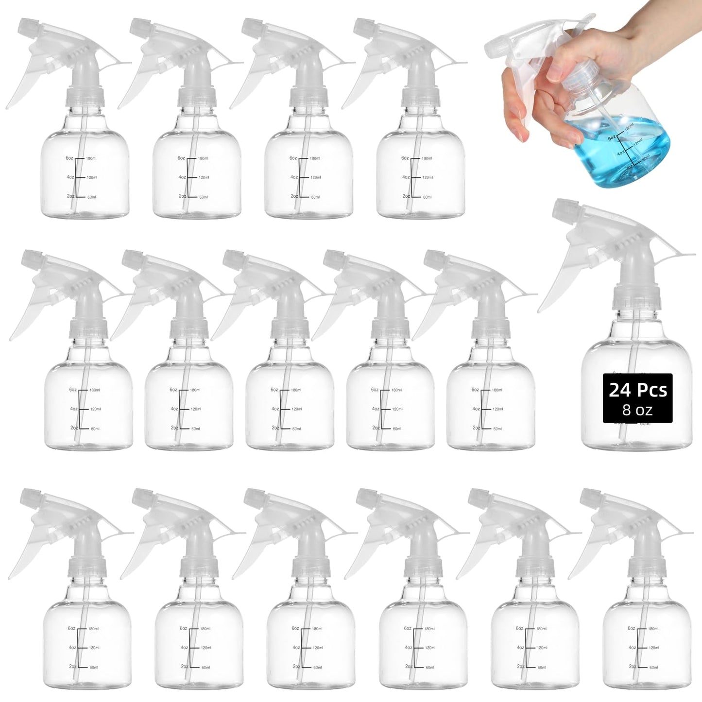 Skdqiee 24 Pcs 8 oz Small Sprayers, Dual Scales Plastic Spray Bottles, Refillable Empty with Adjustable Nozzles, Leak-Proof Storage Bottles for Cleaning, Gardening, Hair Care