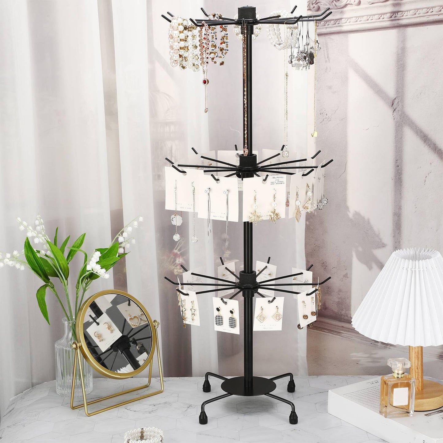 Yaocom 2 Pcs Spinning Jewelry Display Stand 3 Tier Rotating Keychain Earring Retail Rack Adjustable Fashion Counter Jewelry Tree Display Holder Organizer for Women Men (Black)