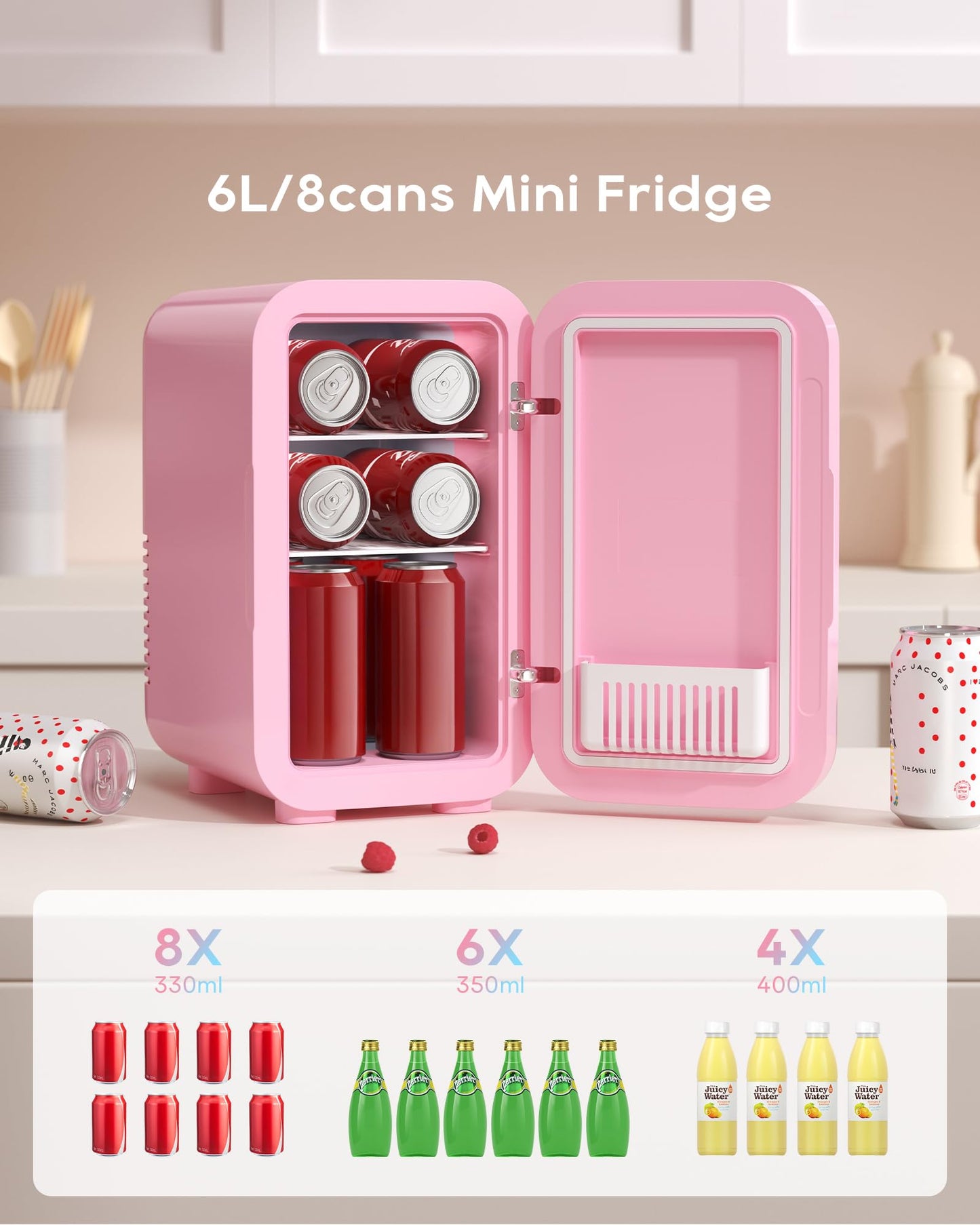 BEICHEN Mini Fridge, 6 Liter/8 Can Skincare Fridge, 110V AC/DC Portable Thermoelectric Cooler & Warmer for Skin Care, Cosmetics, Beverage, Food, Great for Bedroom, Office, Dorm (Pink)