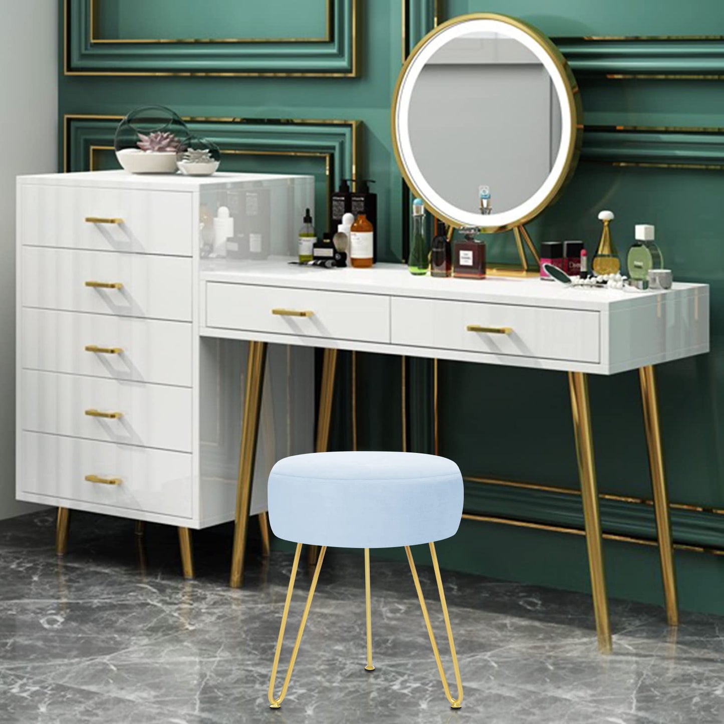 GERANT Multifunctional Vanity Stool - Velvet Footrest Stool-Upholstered Chair Stool -Ottoman Round Modern Dressing Chair - Side Coffee Table Seat with Golden Metal Leg for Living Room (Light Blue)