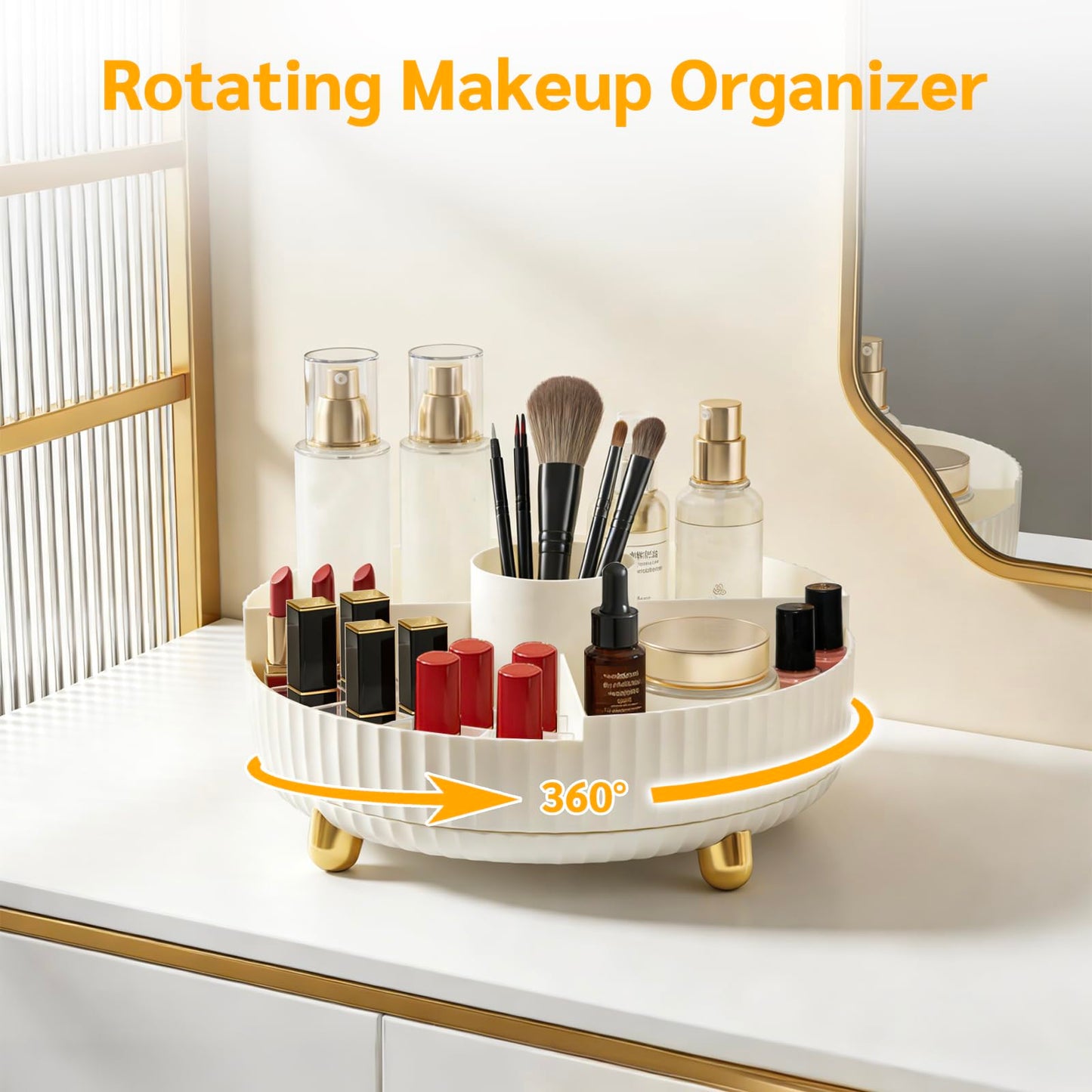 MAQUIRENZ Rotating Makeup Organizer for Vanity Large Capacity Skincare Organizers,Bathroom Counter Organizer, Spinning Perfume Organizer & Dressr Organizer, White