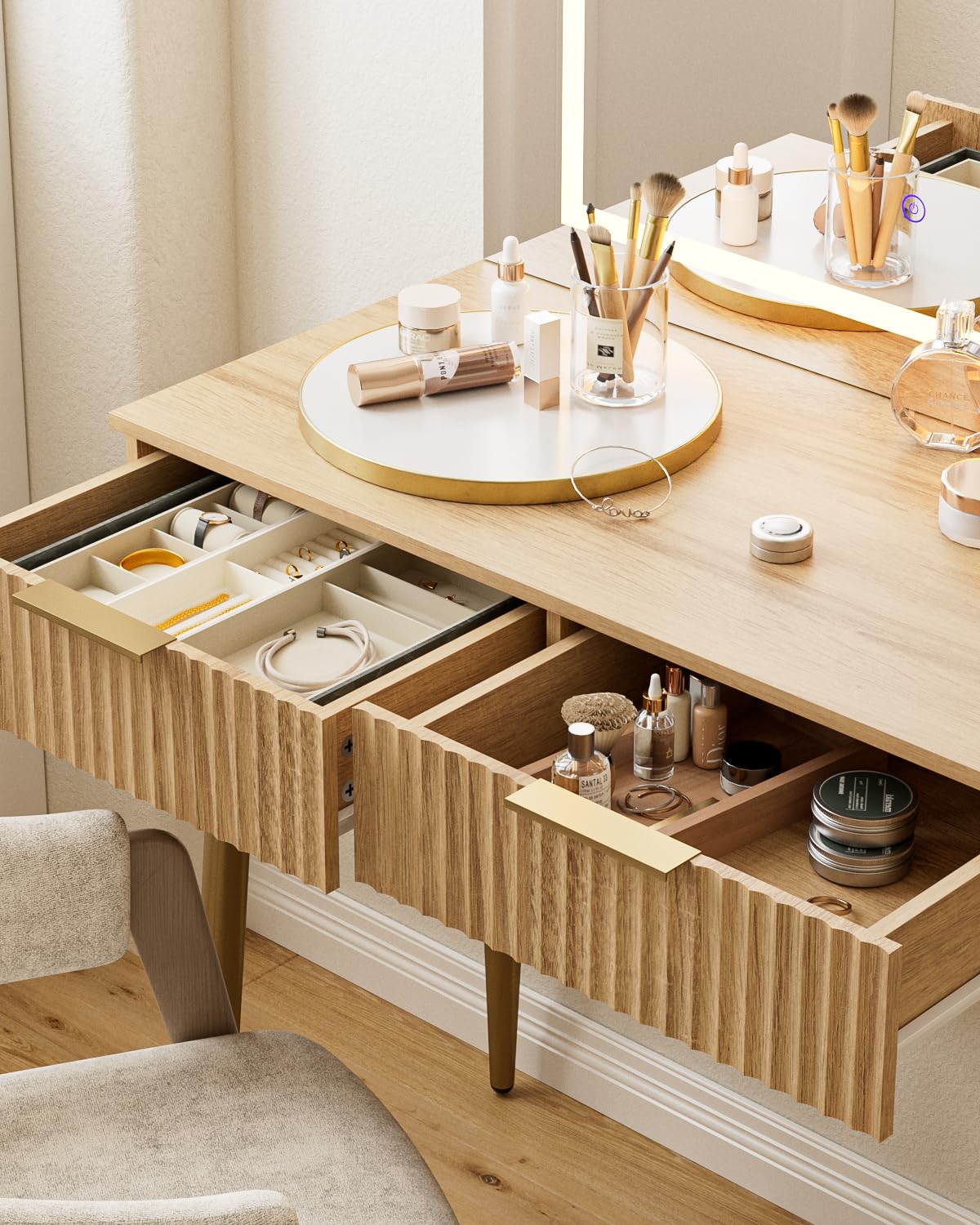 Apetaccat Vanity Desk with Large Mirror and Lights, Small Makeup Vanity Table with 2 Drawers, Dressing Table with 3 Adjustable Lighting Color, Small Makeup Desk for Bedroom, Natural with Gold Leg
