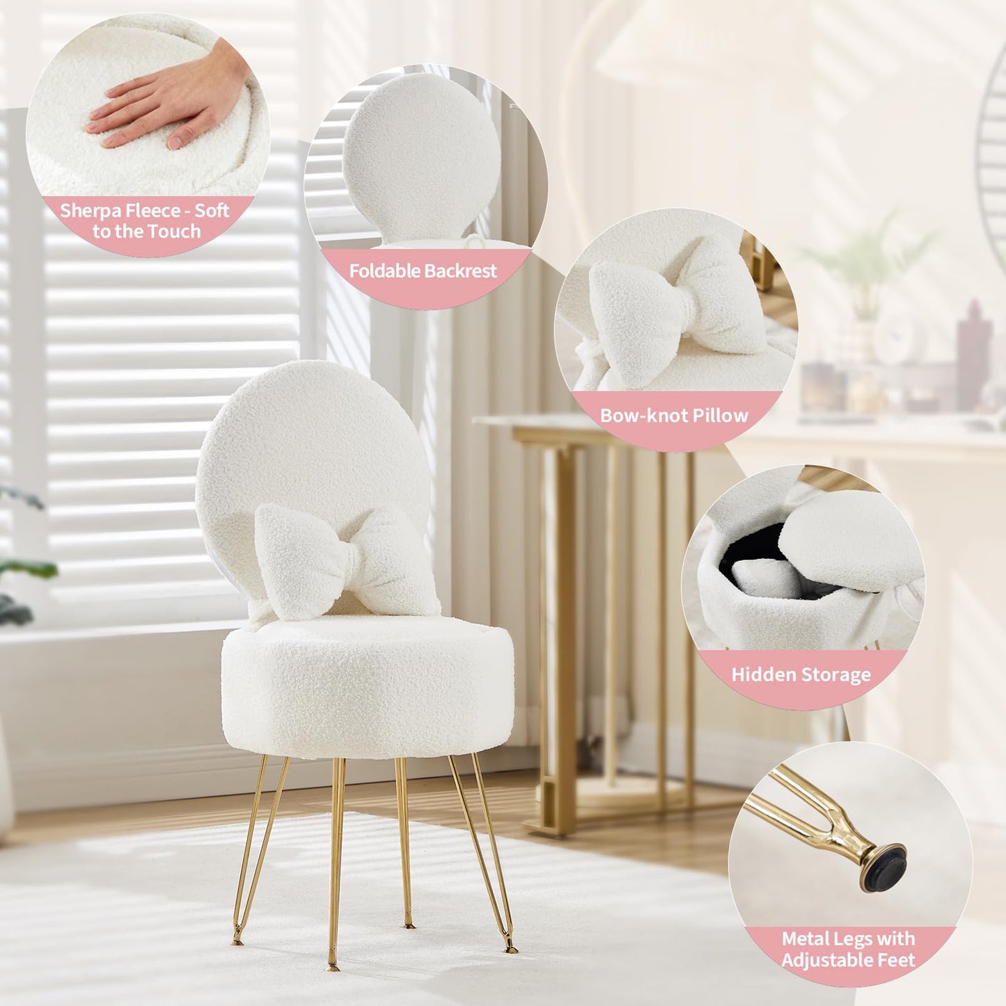 Garvee Vanity Stool Chair with Pillow & Foldable Backrest, Sherpa Fleece Vanity Chair with Stroage Space & Metal Legs, Soft Storage Ottoman, Modern Accent Chair for Makeup Bedroom Living Room, White