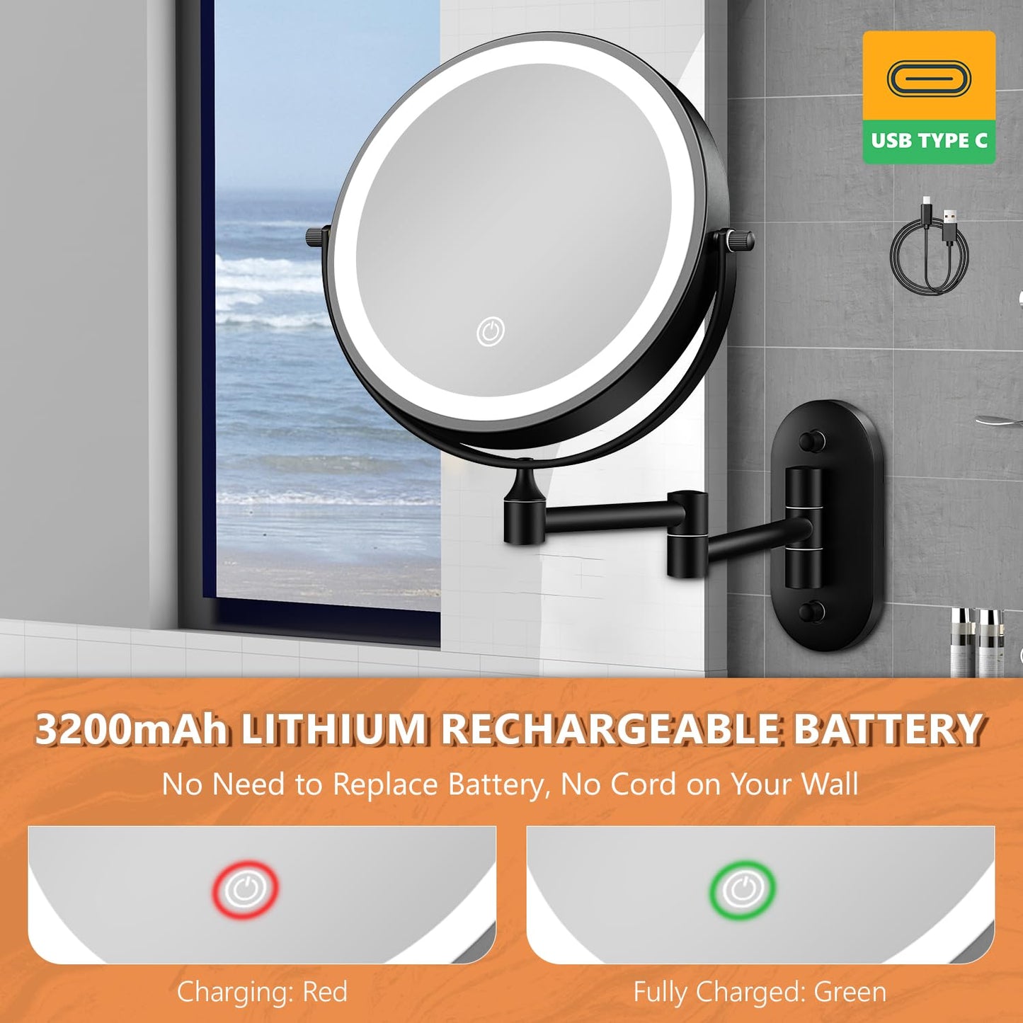 Auxmir 1X/30X Wall Mounted Lighted Makeup Mirror, 8" Rechargeable Double-Sided Magnifying Mirror with Light, Touch Dimmable 3 Color Light, 360° Rotation Foldable Extended Arm, Black