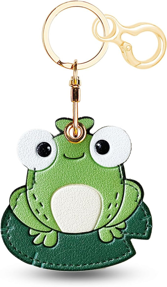 Leather Keychain for Airtag, Cute Protective Keychain Holder Compatible with Apple Air Tag,GPS Item Tracker Case Cover for Keys,Bags,Pets,Luggage(Frog)