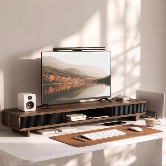 UniAbode Monitor Stand for Dual Monitors - 42.5" Extra Wide Wooden Desk Shelf with Storage for Office Desk Organizer, Home Office & Gaming - Acrylic Wave Sliding Door,Round Corner,Walnut