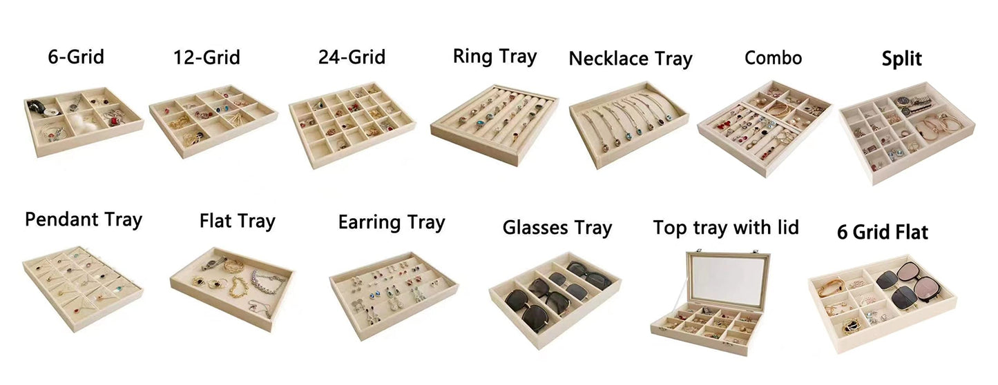 Beige Jewelry Organizer Tray 6 Compartment Medium, Stackable Display Tray for Watches Earrings Bracelets Necklaces, Removable Dividers, Slim Drawer Insert, Dressing Table Vanity Home Retail
