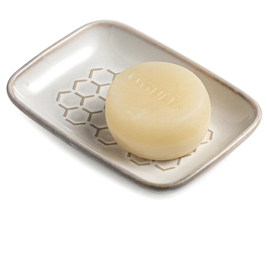 Gomakren Soap Dish for Shower, Ceramic Bar Soap Holder with Honeycomb Design, Soap Saver Tray for Bathroom Kitchen Sink, Sponge & Organizer Tray, Upscale Look, 5.5 Inch, Beige
