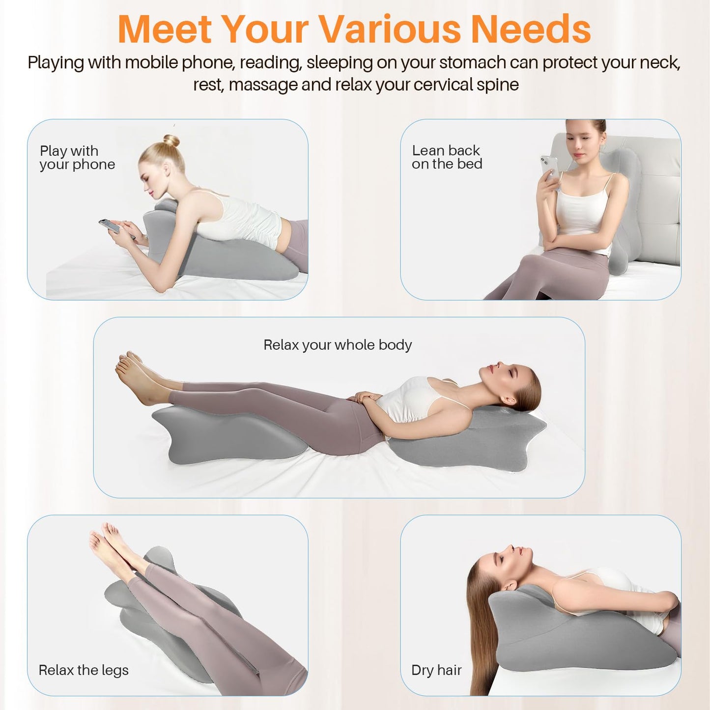 ele ELEOPTION Memory Foam Ergonomic Wedge Pillow Prone Reading Pillow for Bed Sofa Stomach Back and Neck Support Sitting Up with Removable Cover Leg Elevation for Sleeping and Relaxing Light Gray