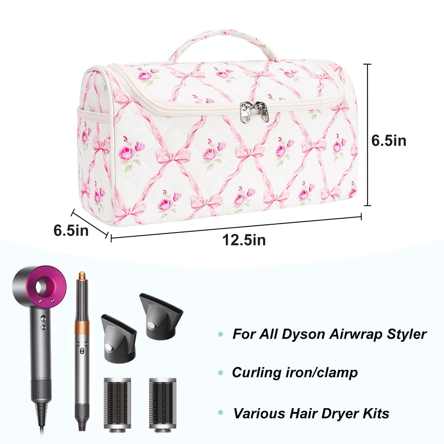idoltimes Quilted Hair Tools Travel Bag, Cute Portable Organizer Case with Hanging Hook, Compatible with Dyson Airwrap Styler,Hair Curler Accessories
