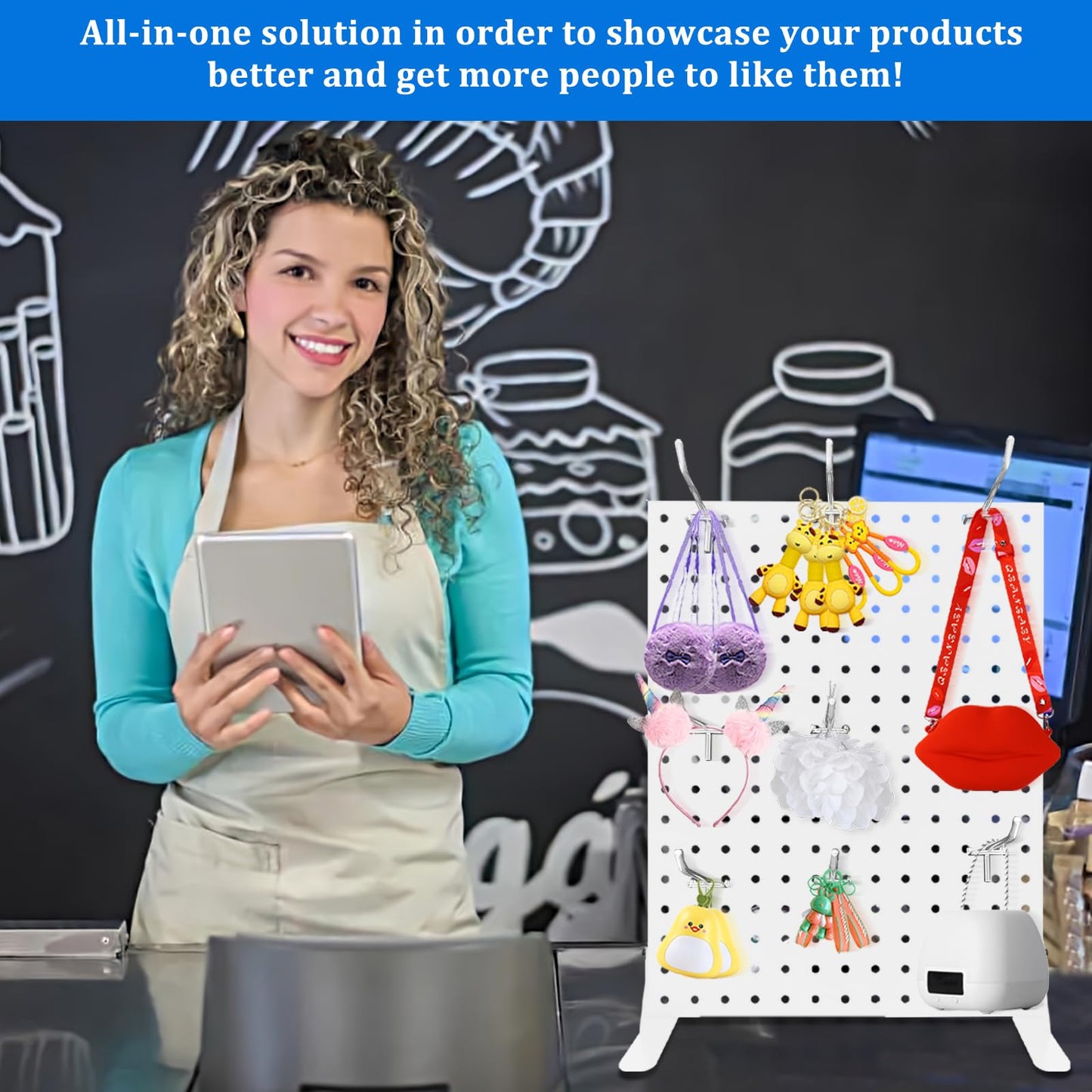 Uppcasir 2PCS Pegboard Display Stand with 20 Hooks for Craft Shows, Metal Jewelry and Key Ring Retail Display Racks for Selling Accessories, Retail Stores, Vendors & Events, White