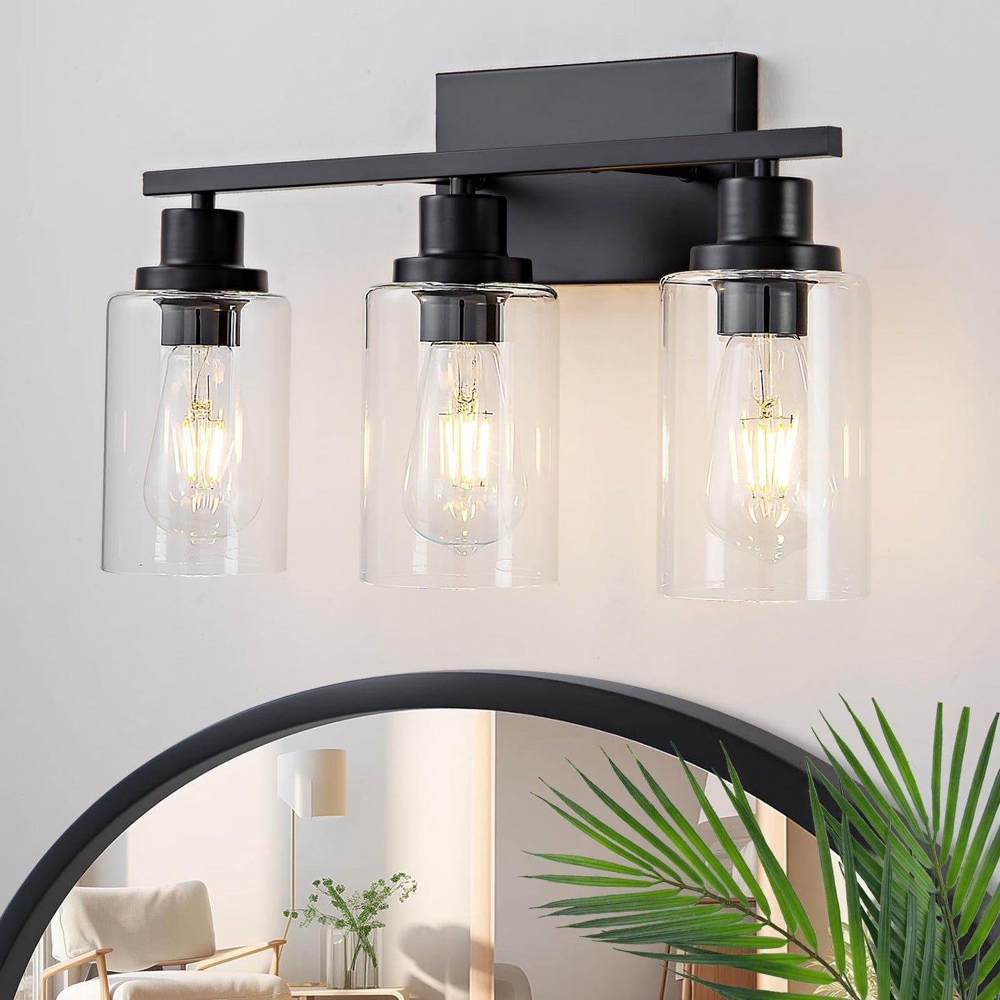 HCCZ 3 Light Bathroom Light Fixtures Black Vanity Light Over Mirror Modern Farmhouse Wall Lighting Sconces Rustic Industrial Wall Lamp for Bathroom, Bedroom, Living Room E26 Socket with Glass Shade