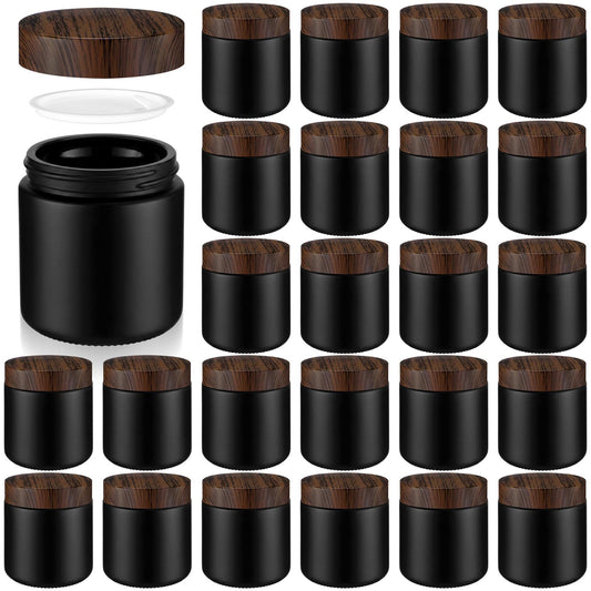 Norme 24 Pcs 4 oz Glass Jars with Lids Empty Small Glass Containers and Inner Liners Reusable Cosmetic Jars Round Airtight Bottles with Plastic Woodgrain Lids for Storing Lotion (Matte Black)