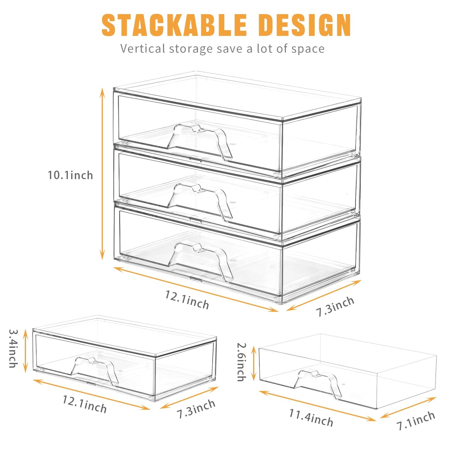 5 Pack Makeup Organizer Stackable, 12.1''L Bathroom Organizer and Storage Acrylic Undersink Drawer Organizer, Cosmetics and Beauty Supplies,Clear Plastic Storage Bins for Vanity,Pantry,Cabinet,Kitchen