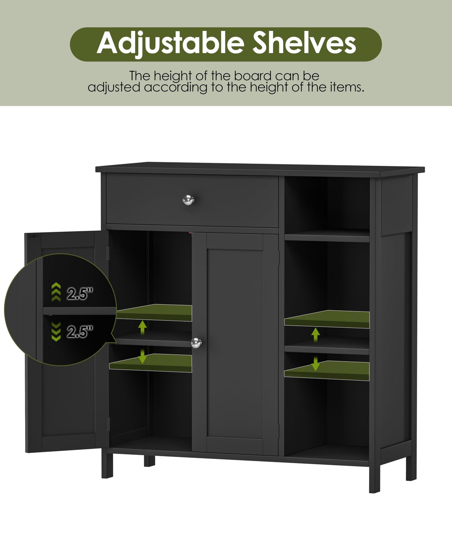 Keehusux Black Bathroom Floor Cabinet with Large Drawer, Floor Storage Cabinet with Doors & Adjustable Shelves, Modern Storage Cupboard with 3 Open Shelves for Kitchen, Living Room, Entryway