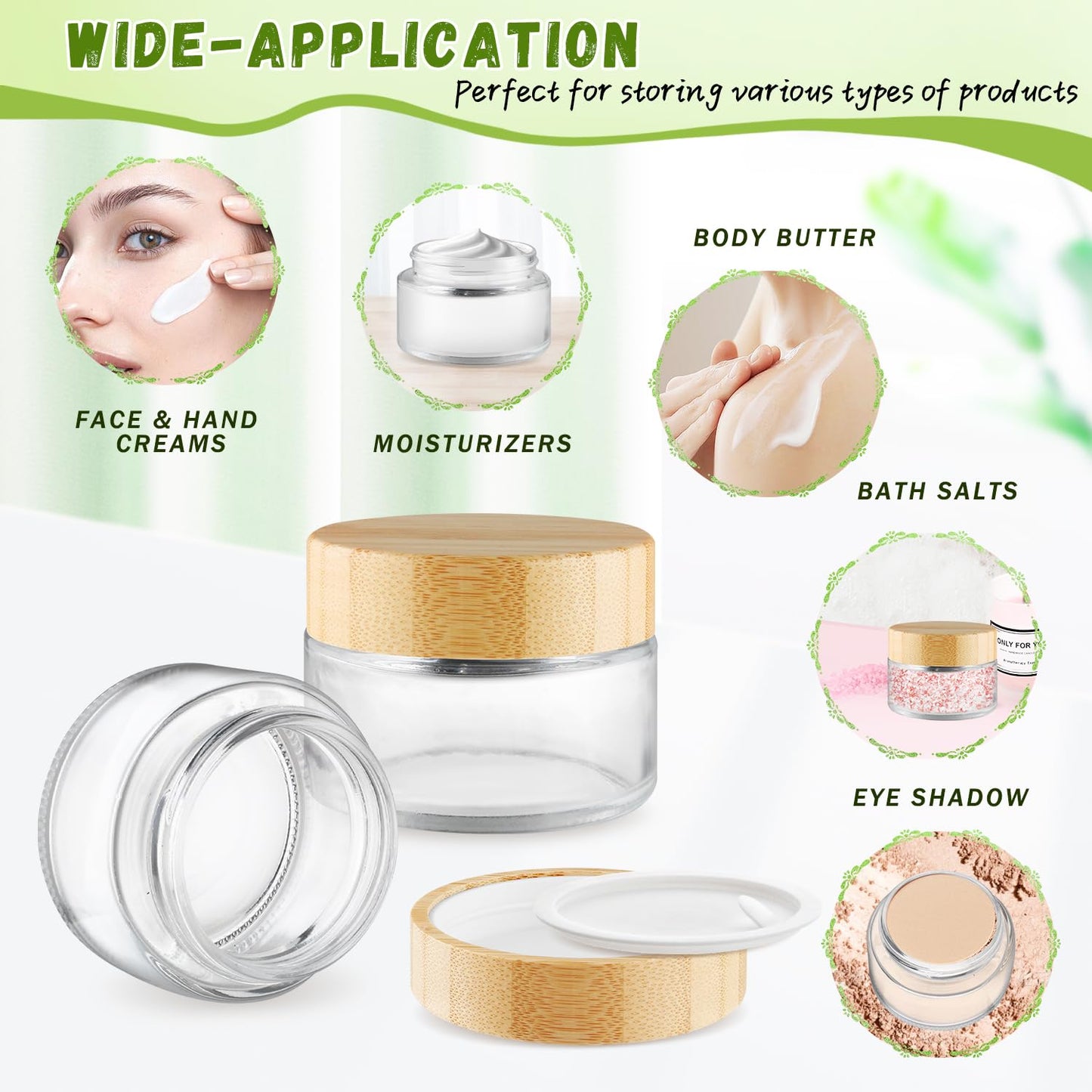 DMuuuDM Round Glass Jars,Empty Clear Glass Jar Holder with Bamboo Lids,Small Travel Cosmetic Jars for Moisturizer,Foundation,Lotion,Ointment,Body Butter&Balms,Candle Making-6 Pcs (100 Gram)