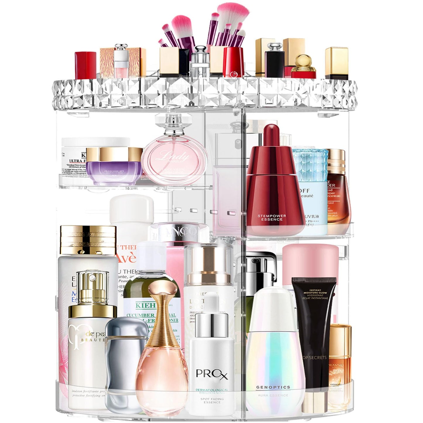 MISERWE 360 Degree Rotating Makeup Organizer, DIY Adjustable Makeup Carousel Spinning Holder Rack, Large Capacity Cosmetic Brush Lipstick Storage Organizer Box for Vanity